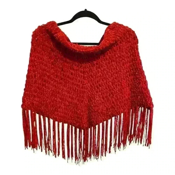 Vintage Red Handmade Crochet Knit Poncho Shawl Fringe One Size - Picture 2 of 2